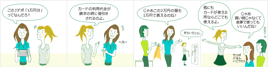 A「このJデポ「1万円分」ってなんだろ?」 B「カードの利用代金が請求の時に値引きされるのよ。」 A「じゃあこの2万円の服も1万円で買えるのね!」 B「そういうこと。他にもカードが使える所ならどこでも使えるよ。」 A「じゃあ買い物じゃなくて食事で使ってもいいんだね!」