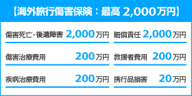 海外旅行傷害保険:最高2,000万円 傷害死亡・後遺障害2,000万円 傷害治療費用200万円 疾病治療費用200万円 賠償責任2,000万円 救援者費用200万円 携行品損害20万円