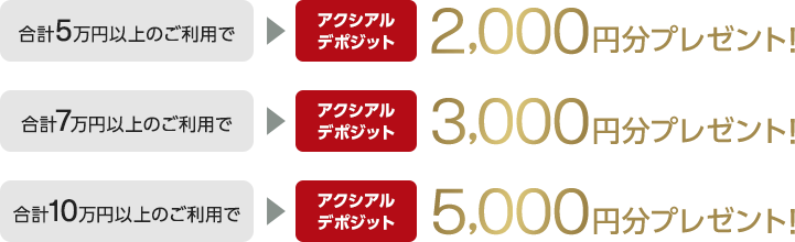 合計5万円以上のご利用でアクシアルデポジット2,000円分プレゼント! 合計7万円以上のご利用でアクシアルデポジット3,000円分プレゼント! 合計10万円以上のご利用でアクシアルデポジット5,000円分プレゼント!