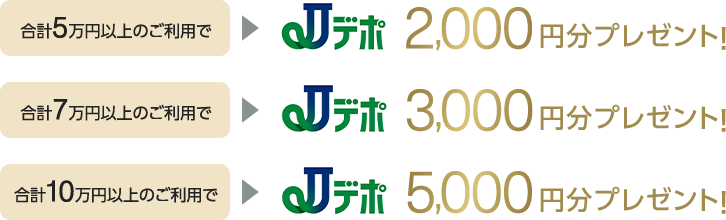 合計5万円以上のご利用でJデポ2,000円分プレゼント!合計7万円以上のご利用でJデポ3,000円分プレゼント!合計10万円以上のご利用でJデポ5,000円分プレゼント!