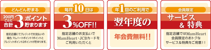 どんどん貯まる 200円ごとに合計3ポイント貯まります 指定店舗にてクレジットでお支払いの場合、マムハートポイント1ポイントとクレジットポイント2ポイントが貯まります。 毎月10日は 3%OFF!! 指定店舗のお支払でMamHeart・JCBカードをご利用いただくと 年1回のご利用で 翌年度の 年会費無料!! 会員限定 サービス&特典 指定店舗ではMamHeart会員限定のおトクなサービス&特典をご用意!!
