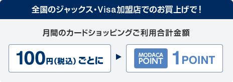 全国のジャックス・Visa加盟店でのお買上げで!月間のカードショッピングご利用合計金額100円(税込)ごとにMODACA POINT 1POINT