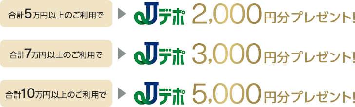 合計5万円以上のご利用でJデポ2,000円分プレゼント!合計7万円以上のご利用でJデポ3,000円分プレゼント!合計10万円以上のご利用でJデポ5,000円分プレゼント!