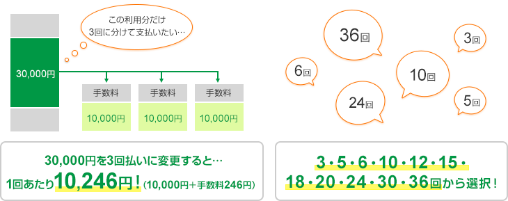 30,000円を3回払いに変更すると1回あたり10,246円!(10,000円 + 手数料246円) 3・5・6・10・12・15・18・20・24・30・36回から選択!